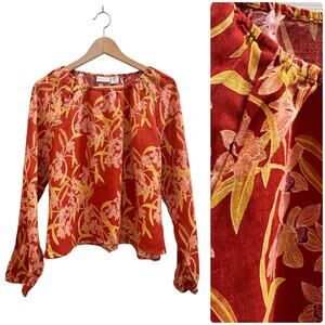 Rachel Zoe Linen Floral Print Round Elastic Neckline Peasant Boxy Top Medium
